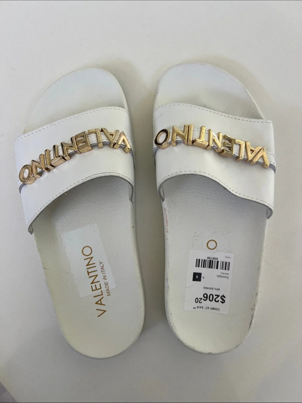 Valentino white leather open toe pool slides sandals with gold tone lettering 5